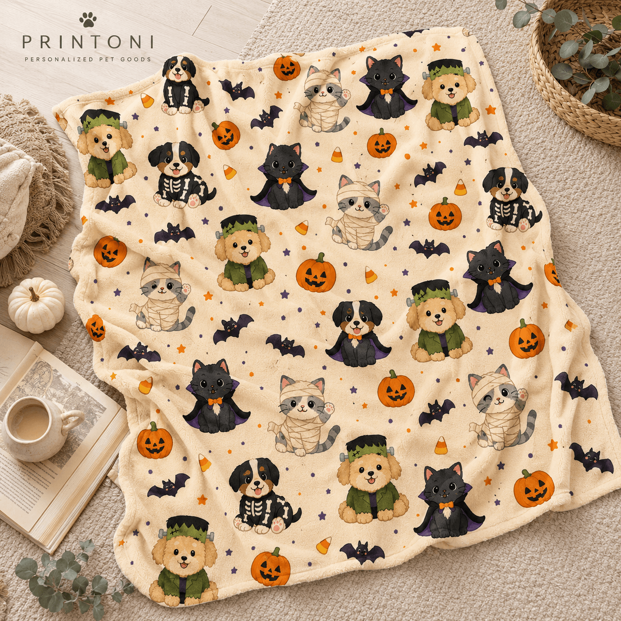 Custom Halloween Pet Blanket from Photo, Personalized Dog Cat Face & Name Throw, Spooky Pet Costume Blanket, Pet Lover Gift