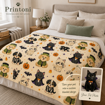 Custom Halloween Pet Blanket from Photo, Personalized Dog Cat Face & Name Throw, Spooky Pet Costume Blanket, Pet Lover Gift