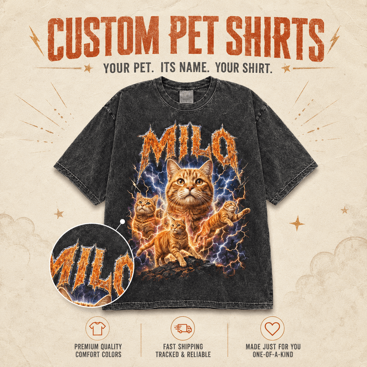 Custom Pet Portrait Shirt from Photo, Personalized Metal Band Pet Tee, 90s Rock Dog Cat Shirt with Name, Pet Lover Gift, Comfort Colors