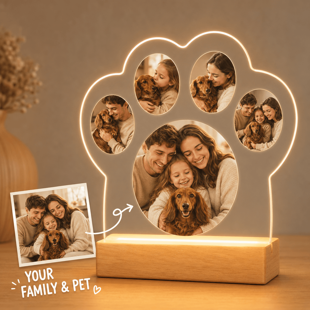 Custom Paw Photo Collage Night Light – Personalized Family & Pet Acrylic LED Lamp Gift