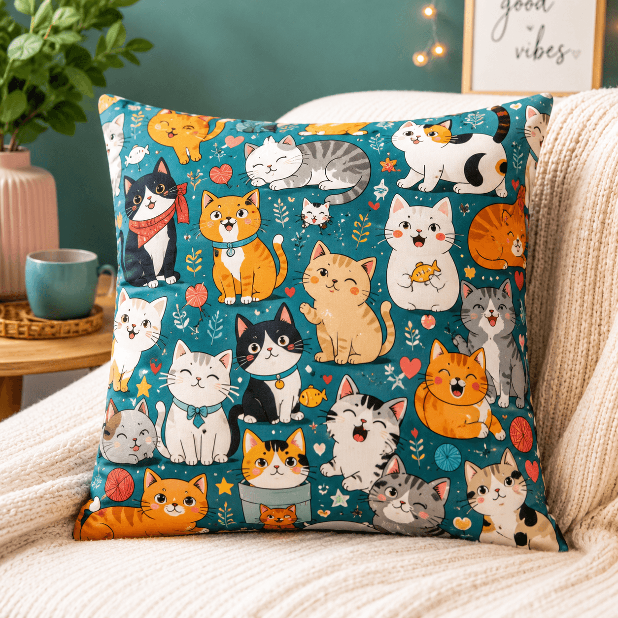 Cute Cartoon Cat Pillow Cover – Kawaii Cat Throw Cushion Case for Sofa, Cat Lover Home Decor
