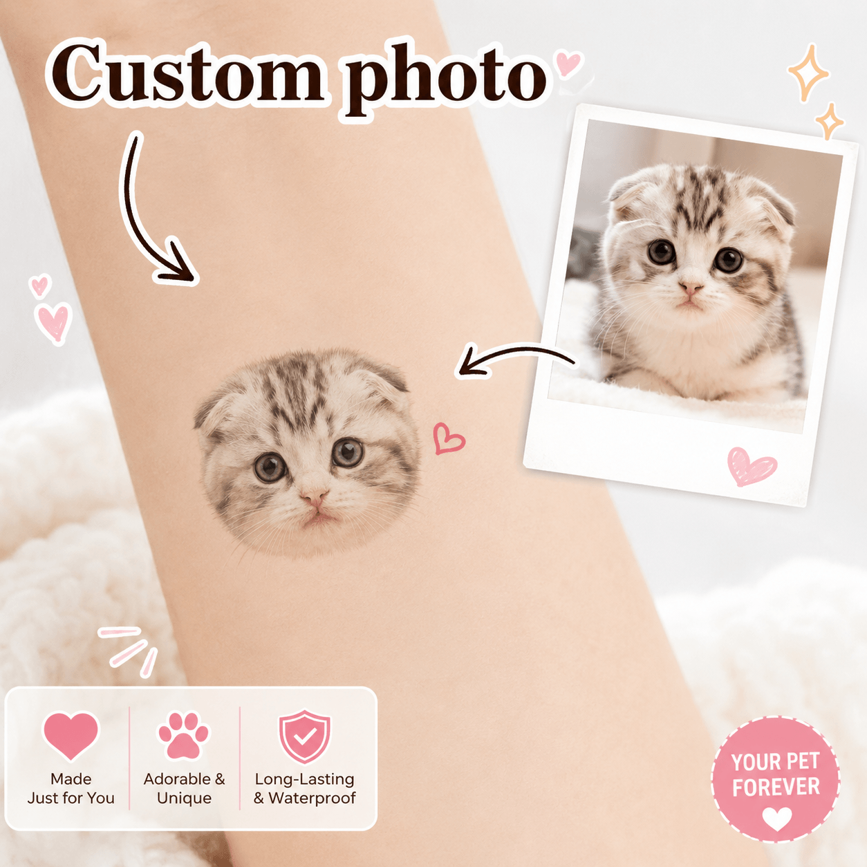 Custom Pet Temporary Tattoo from Photo – Personalized Dog Cat Portrait Tattoo Gift