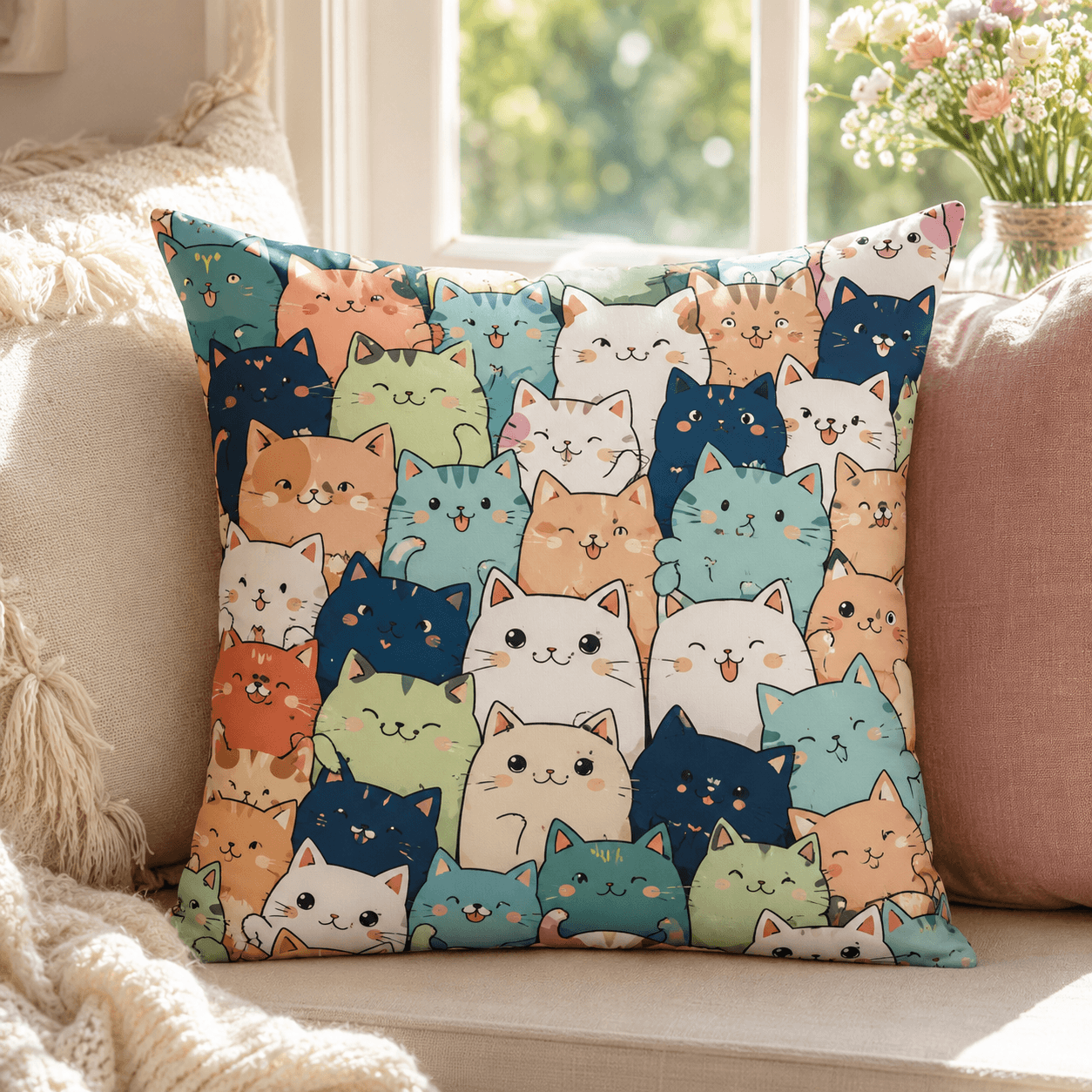 Cute Cartoon Cat Pillow Cover – Kawaii Cat Throw Cushion Case for Sofa, Cat Lover Home Decor