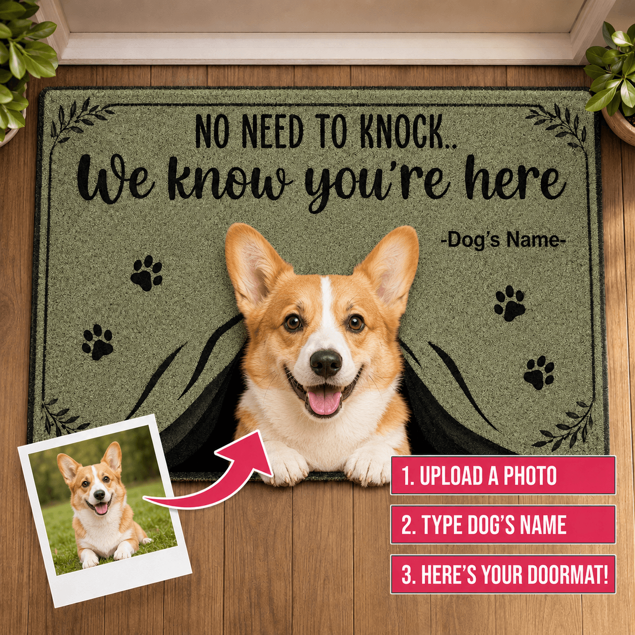 Custom Dog Doormat from Photo – Personalized "No Need to Knock" Funny Pet Welcome Mat