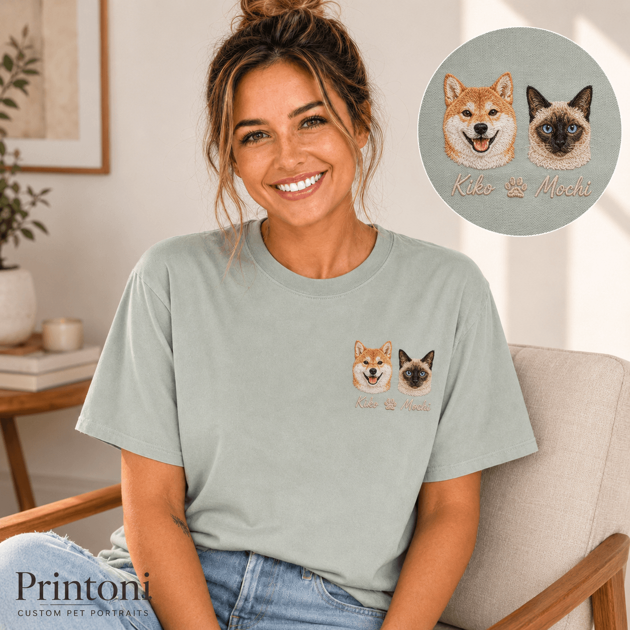 Custom Embroidered Pet Portrait Shirt from Photo, Personalized Dog Cat Face Tee with Name, Dog Mom Gift, Comfort Colors