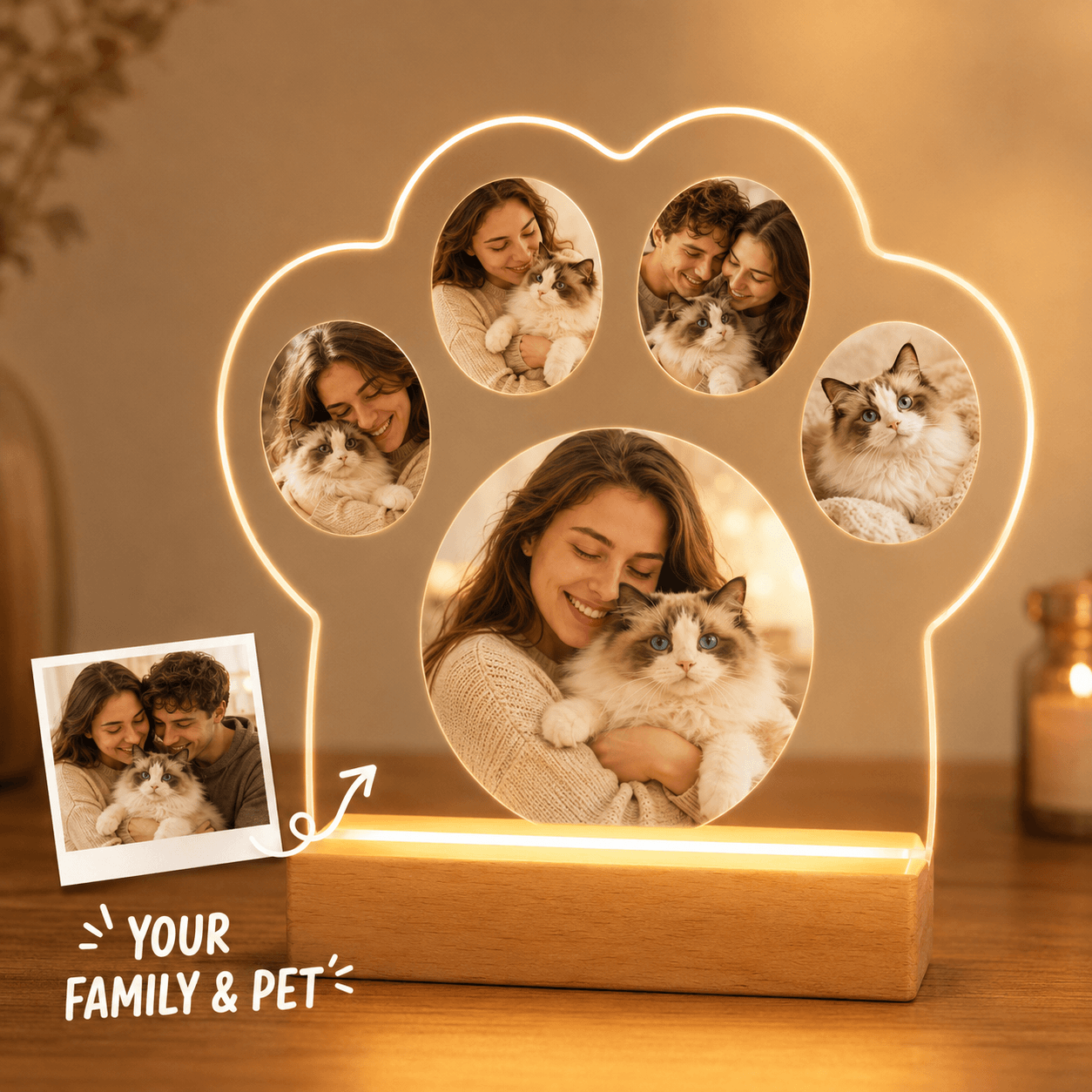 Custom Paw Photo Collage Night Light – Personalized Family & Pet Acrylic LED Lamp Gift