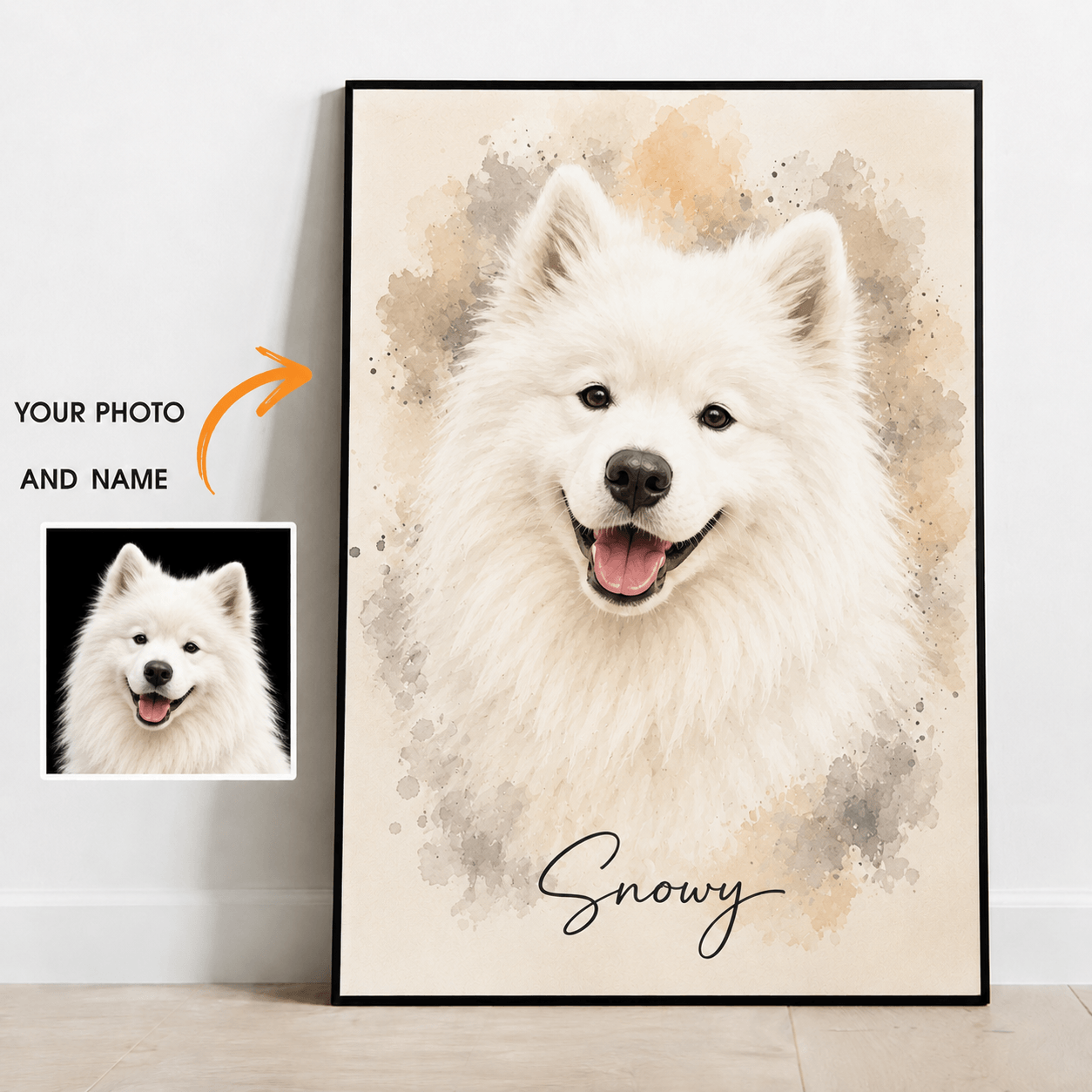 Custom Watercolor Pet Portrait from Photo – Personalized Dog Cat Canvas with Name, Pet Gift