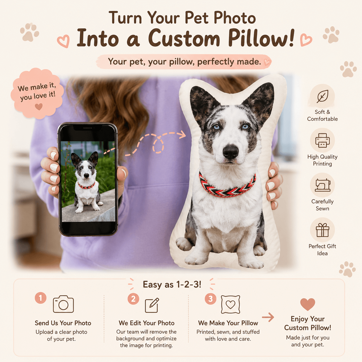 Custom Pet Pillow from Photo, Personalized 3D Dog Cat Pillow – Pet Memorial Gift & Dorm Decor - Printoni