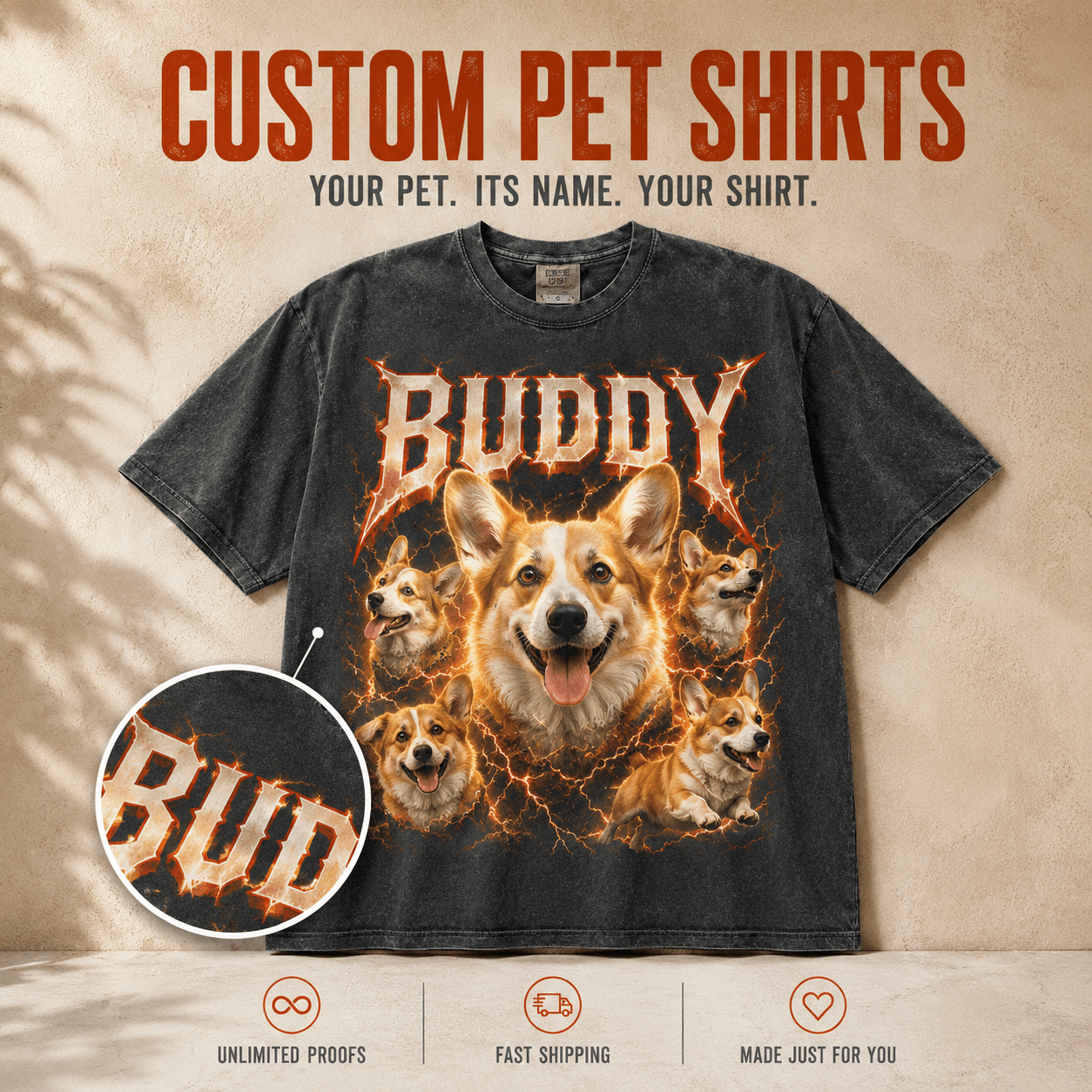 Custom Pet Portrait Shirt from Photo, Personalized Metal Band Pet Tee, 90s Rock Dog Cat Shirt with Name, Pet Lover Gift, Comfort Colors