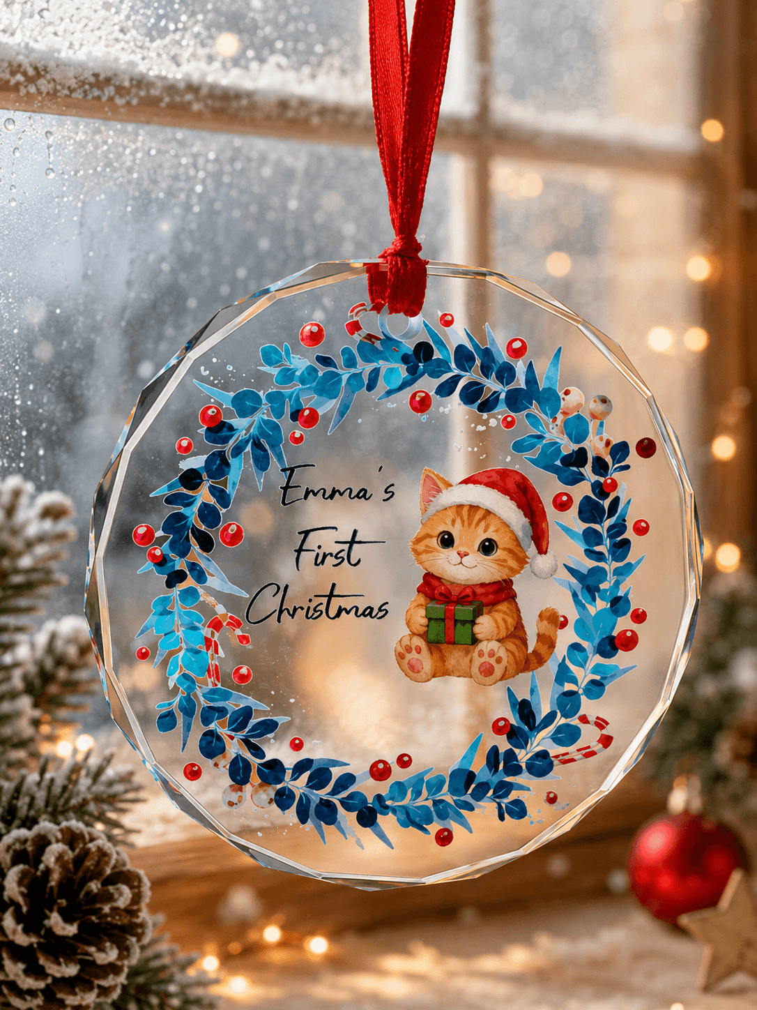 Personalized Pet First Christmas Ornament – Custom Dog Cat Glass Ornament with Name Gift