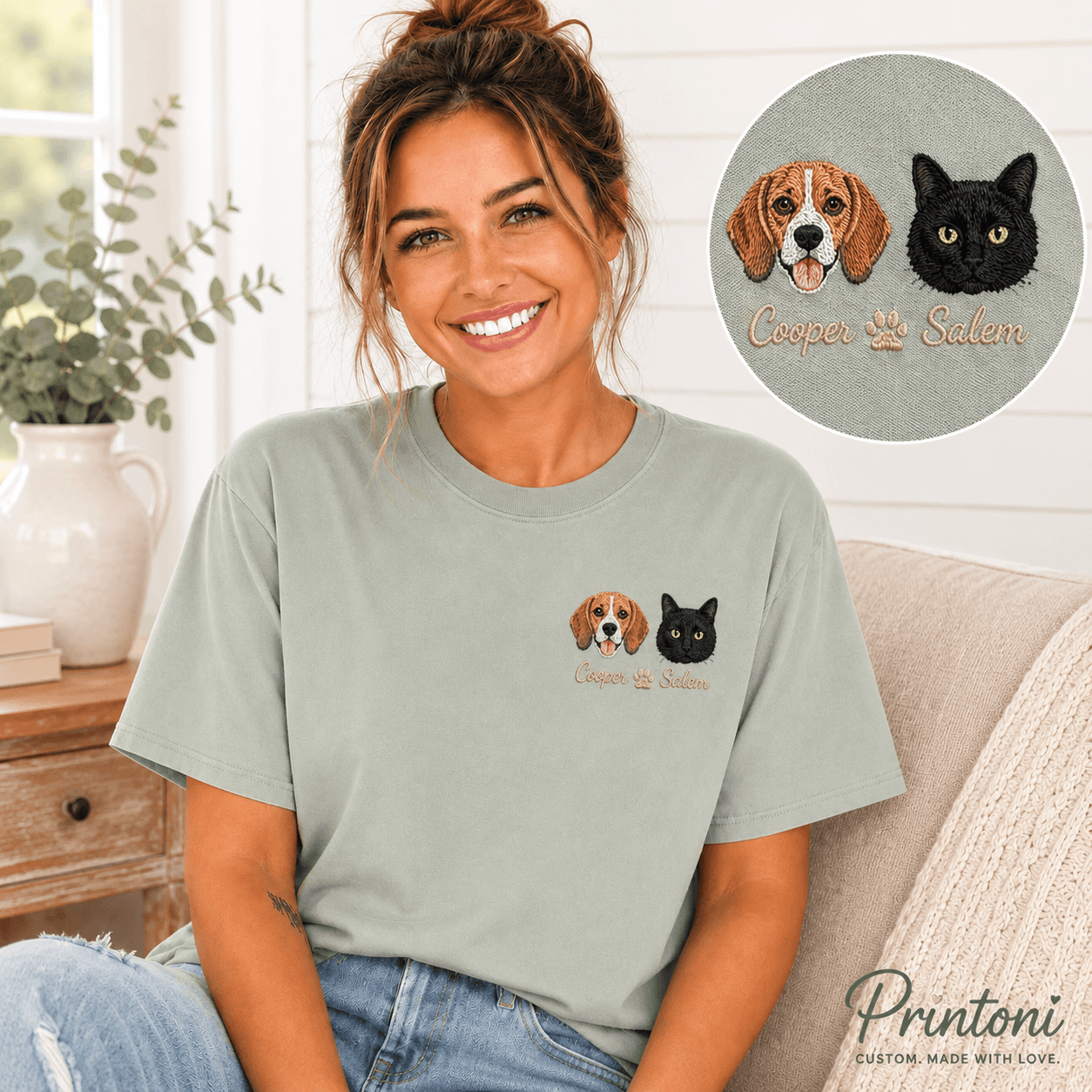 Custom Embroidered Pet Portrait Shirt from Photo, Personalized Dog Cat Face Tee with Name, Dog Mom Gift, Comfort Colors