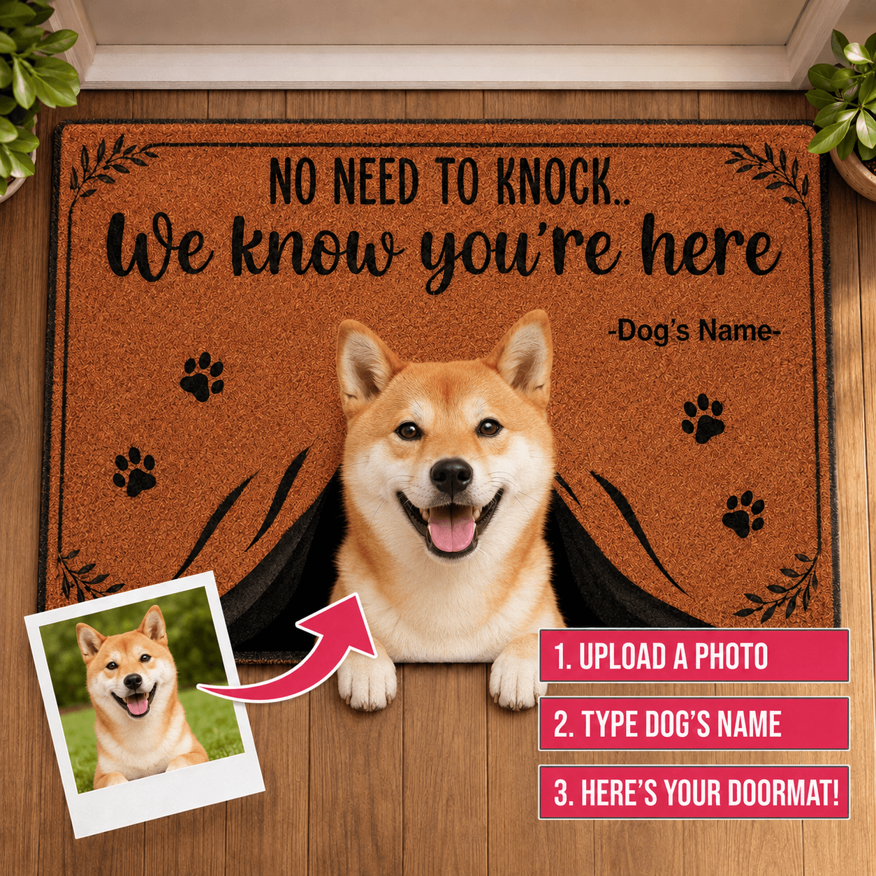 Custom Dog Doormat from Photo – Personalized "No Need to Knock" Funny Pet Welcome Mat
