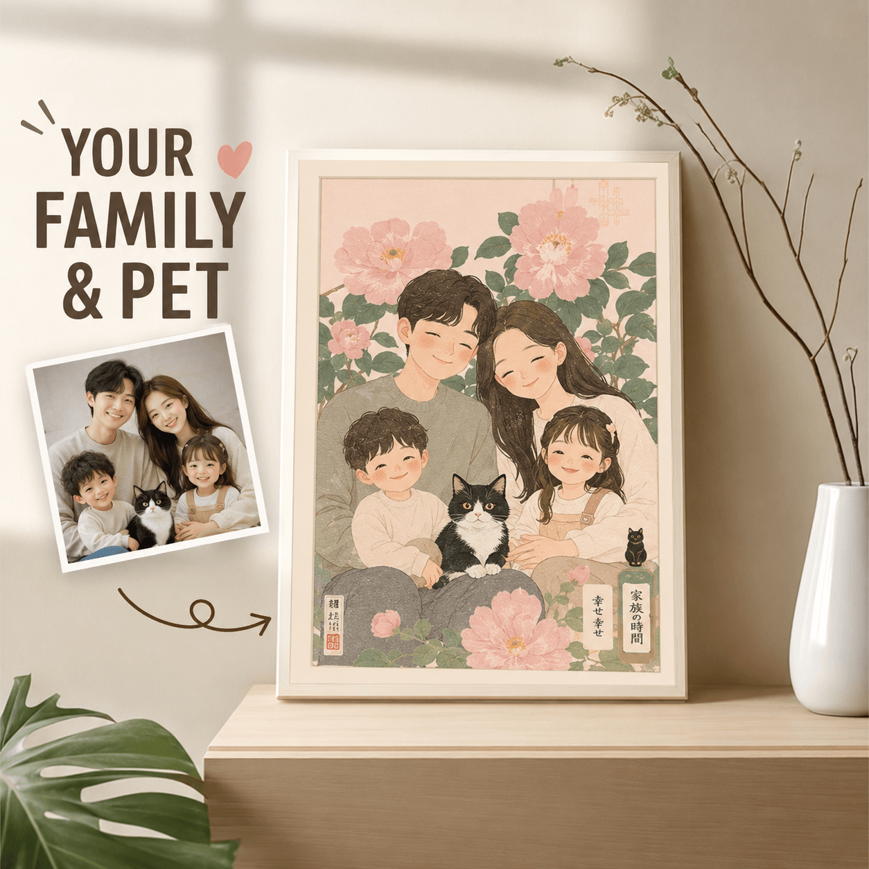 Custom Family & Pet Portrait from Photo – Personalized Watercolor Floral Illustration Gift