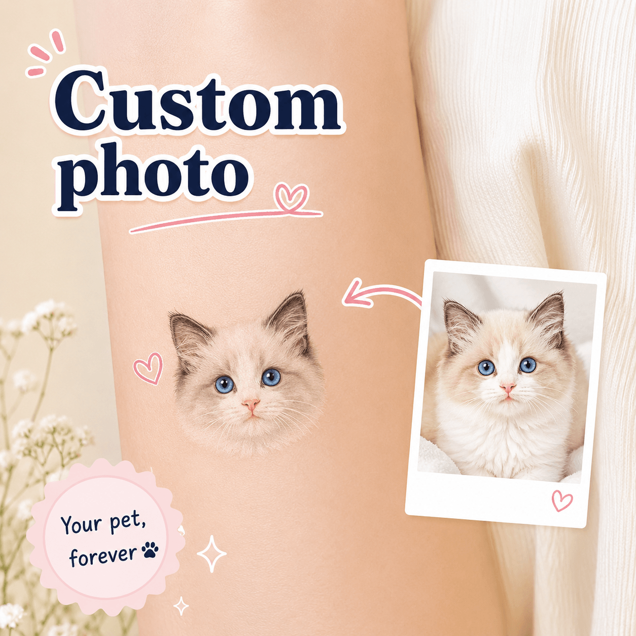 Custom Pet Temporary Tattoo from Photo – Personalized Dog Cat Portrait Tattoo Gift