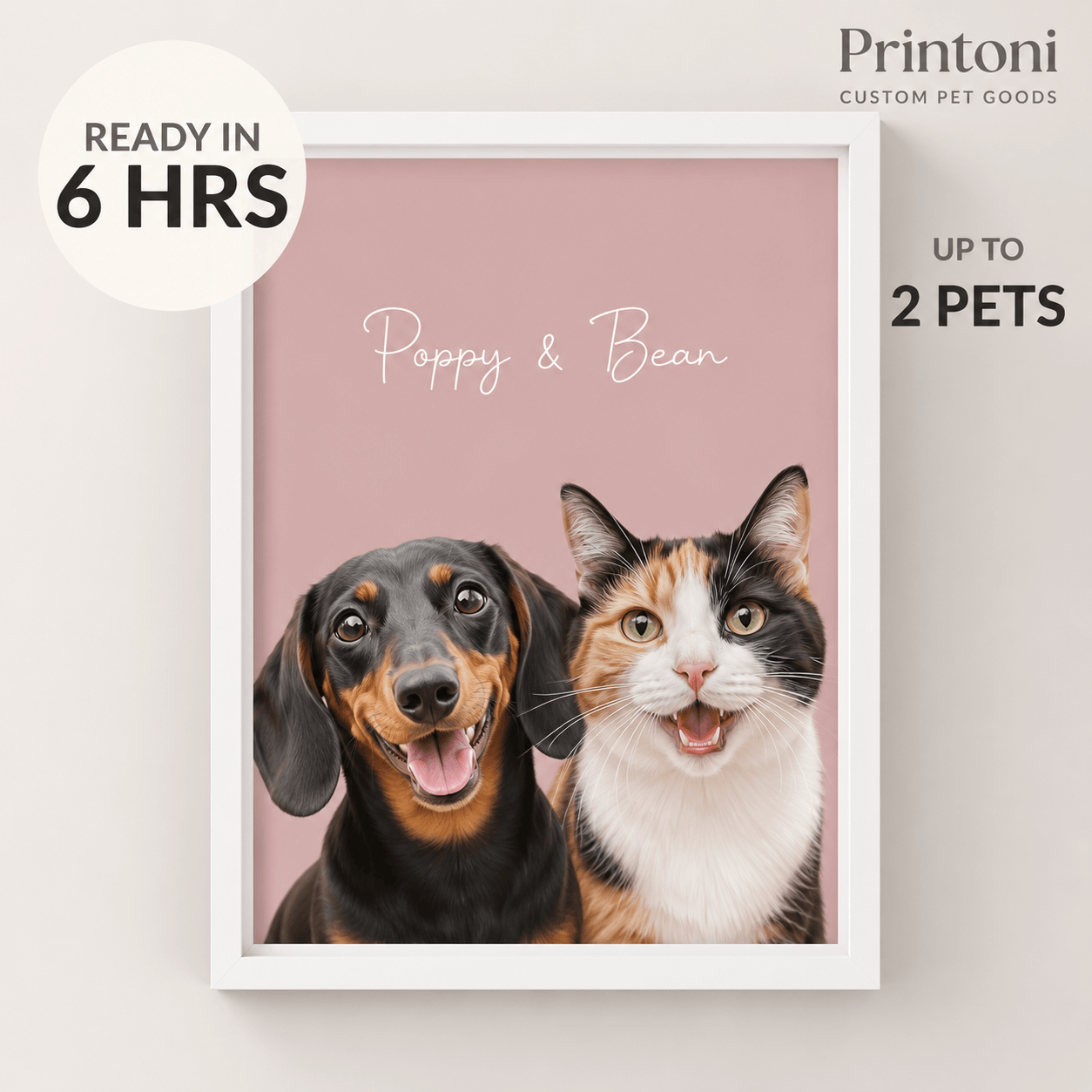 Custom Pet Portrait from Photo, Personalized Multiple Dog & Cat Portrait with Name, Modern Framed Pet Wall Art, Pet Lover Gift