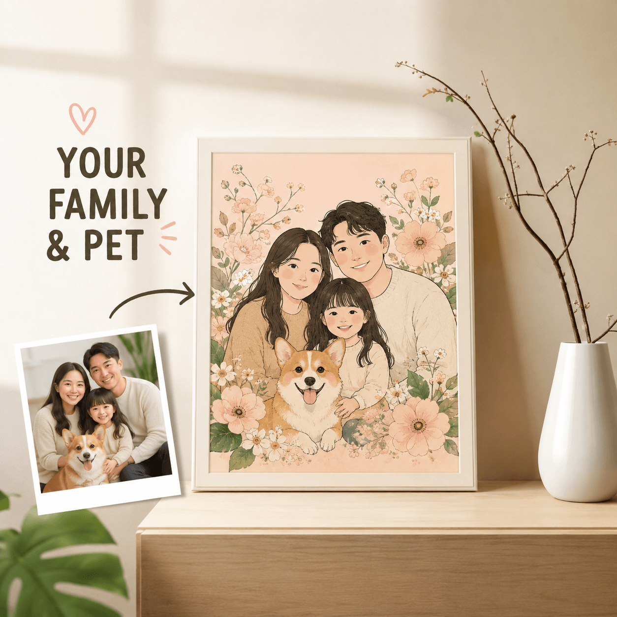 Custom Family & Pet Portrait from Photo – Personalized Watercolor Floral Illustration Gift