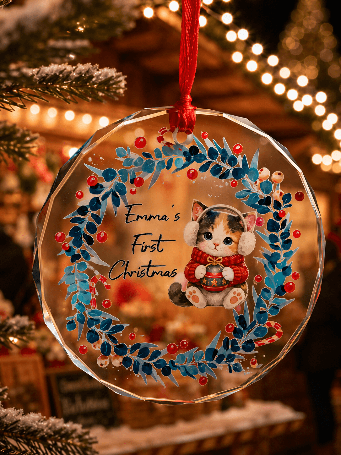 Personalized Pet First Christmas Ornament – Custom Dog Cat Glass Ornament with Name Gift
