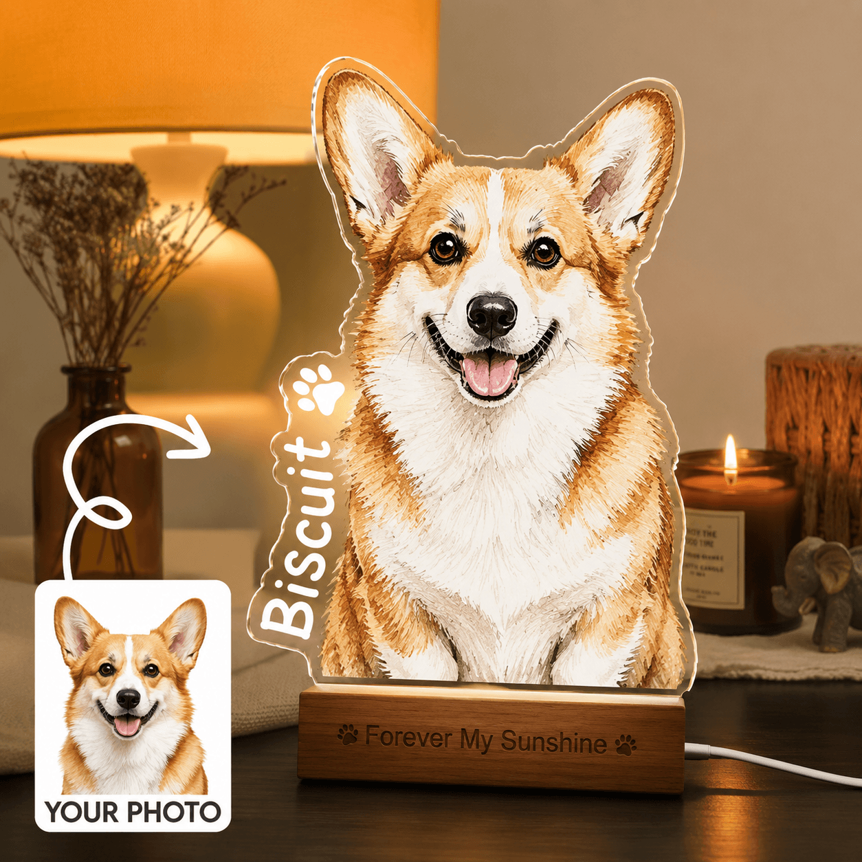 Custom Pet Night Light from Photo – Personalized Dog Cat Acrylic Lamp with Name, Pet Gift