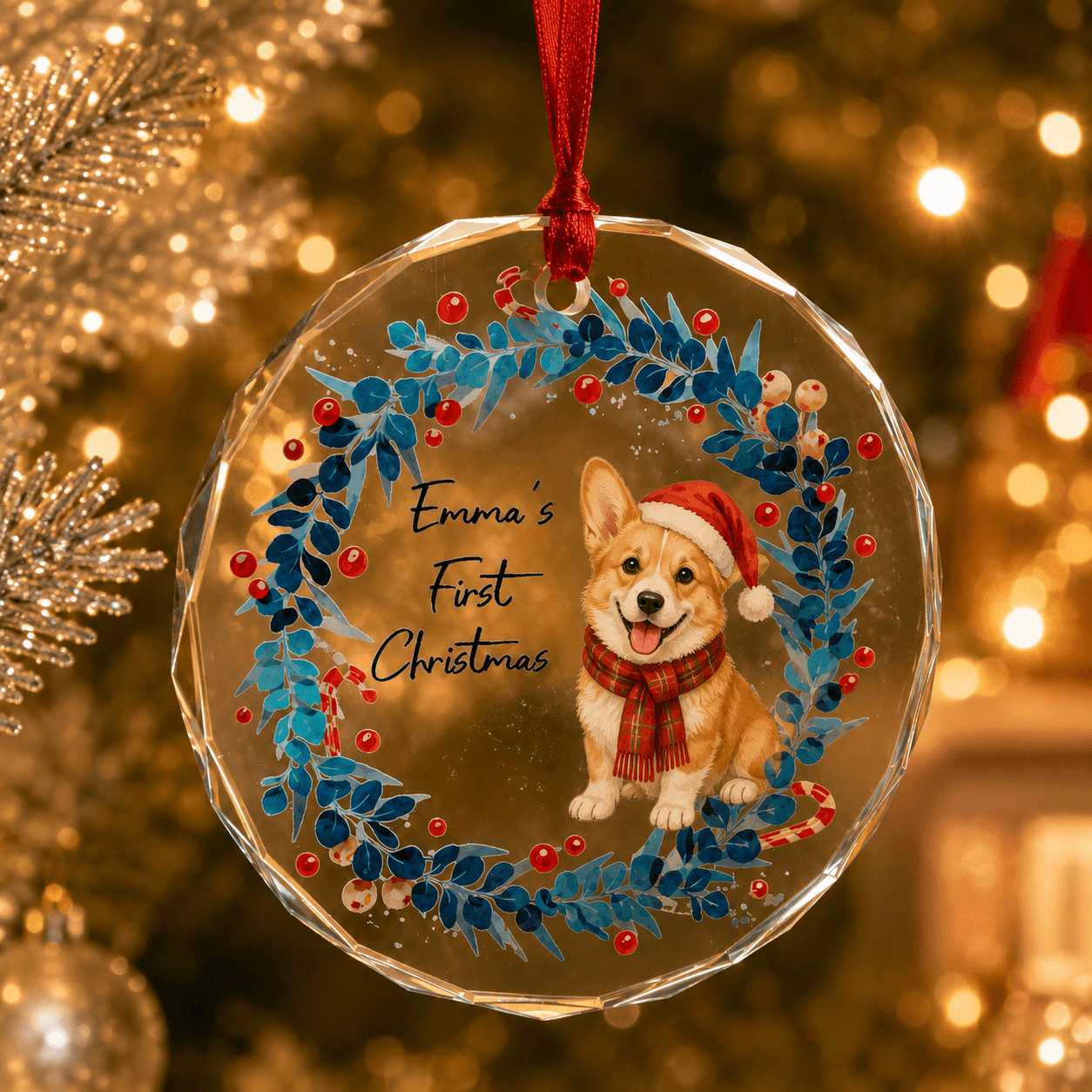 Personalized Pet First Christmas Ornament – Custom Dog Cat Glass Ornament with Name Gift