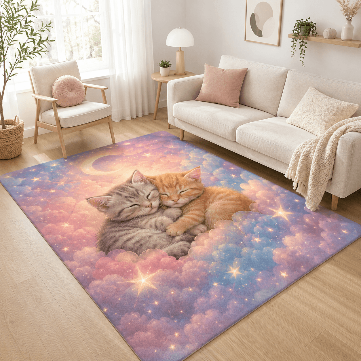 Dreamy Dog & Cat Area Rug – Cute Pastel Living Room Bedroom Floor Mat, Pet Lover Gift