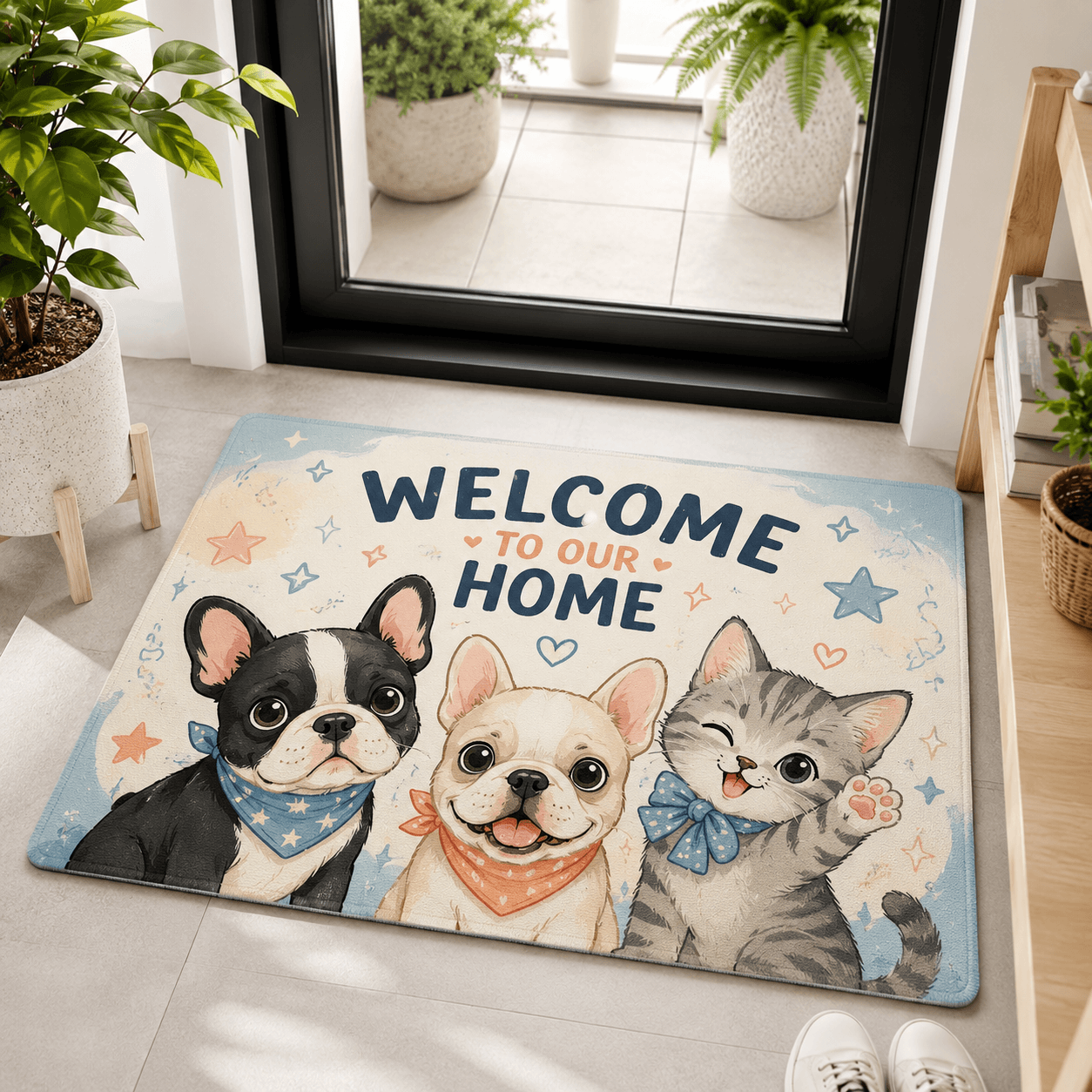 Celestial Black Cat Welcome Doormat – Moon & Stars Cat Door Mat