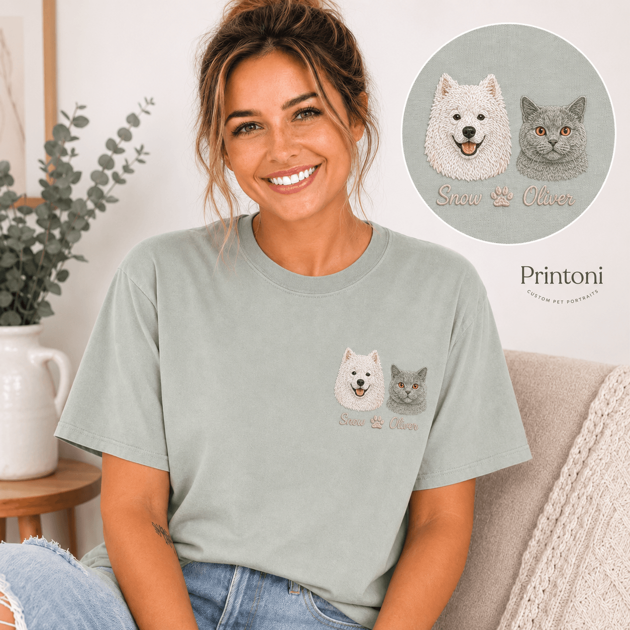 Custom Embroidered Pet Portrait Shirt from Photo, Personalized Dog Cat Face Tee with Name, Dog Mom Gift, Comfort Colors