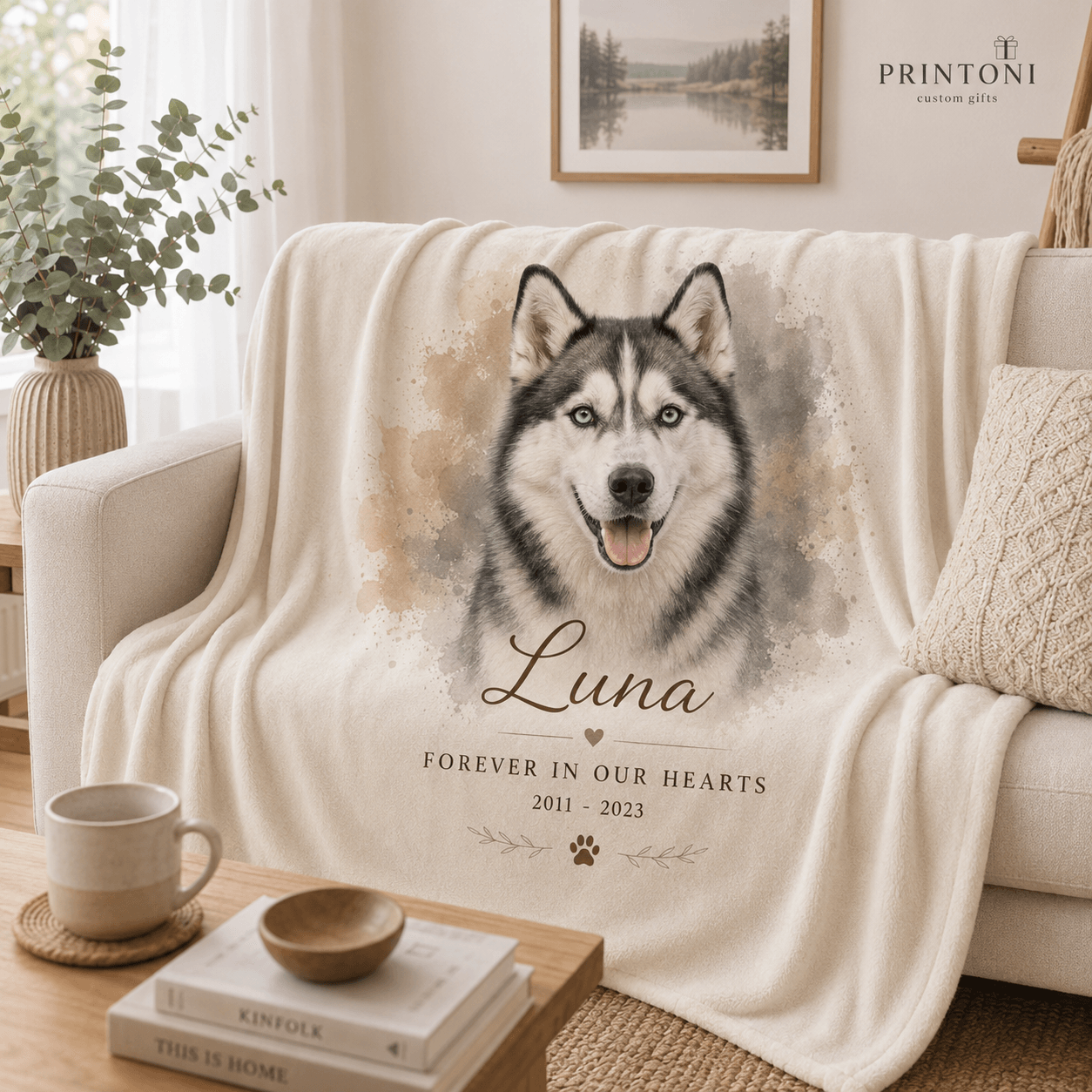 Custom Pet Memorial Blanket from Photo, Personalized Watercolor Dog Cat Portrait Throw, Pet Loss Sympathy Gift, In Memory Keepsake