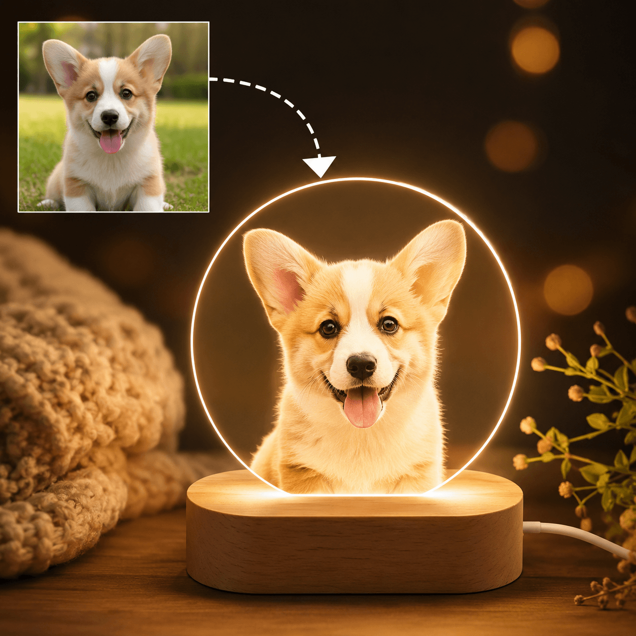 Custom Pet Photo Night Light from Photo – Personalized Dog Cat Acrylic LED Lamp Gift