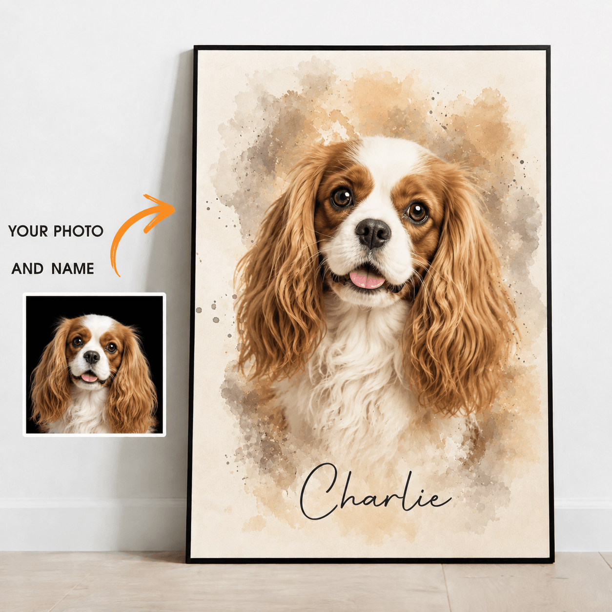 Custom Watercolor Pet Portrait from Photo – Personalized Dog Cat Canvas with Name, Pet Gift