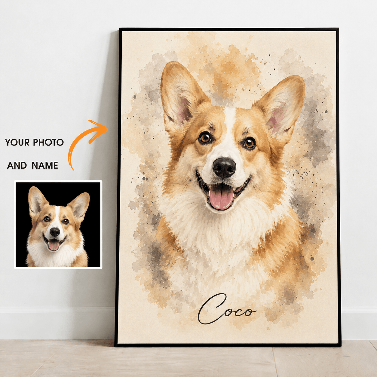 Custom Watercolor Pet Portrait from Photo – Personalized Dog Cat Canvas with Name, Pet Gift