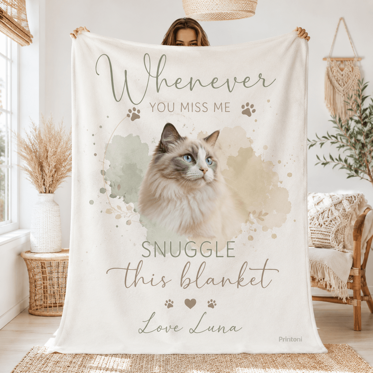 Custom Pet Memorial Blanket from Photo, Personalized Watercolor Dog Cat Throw with Name, Pet Loss Sympathy & Remembrance Gift