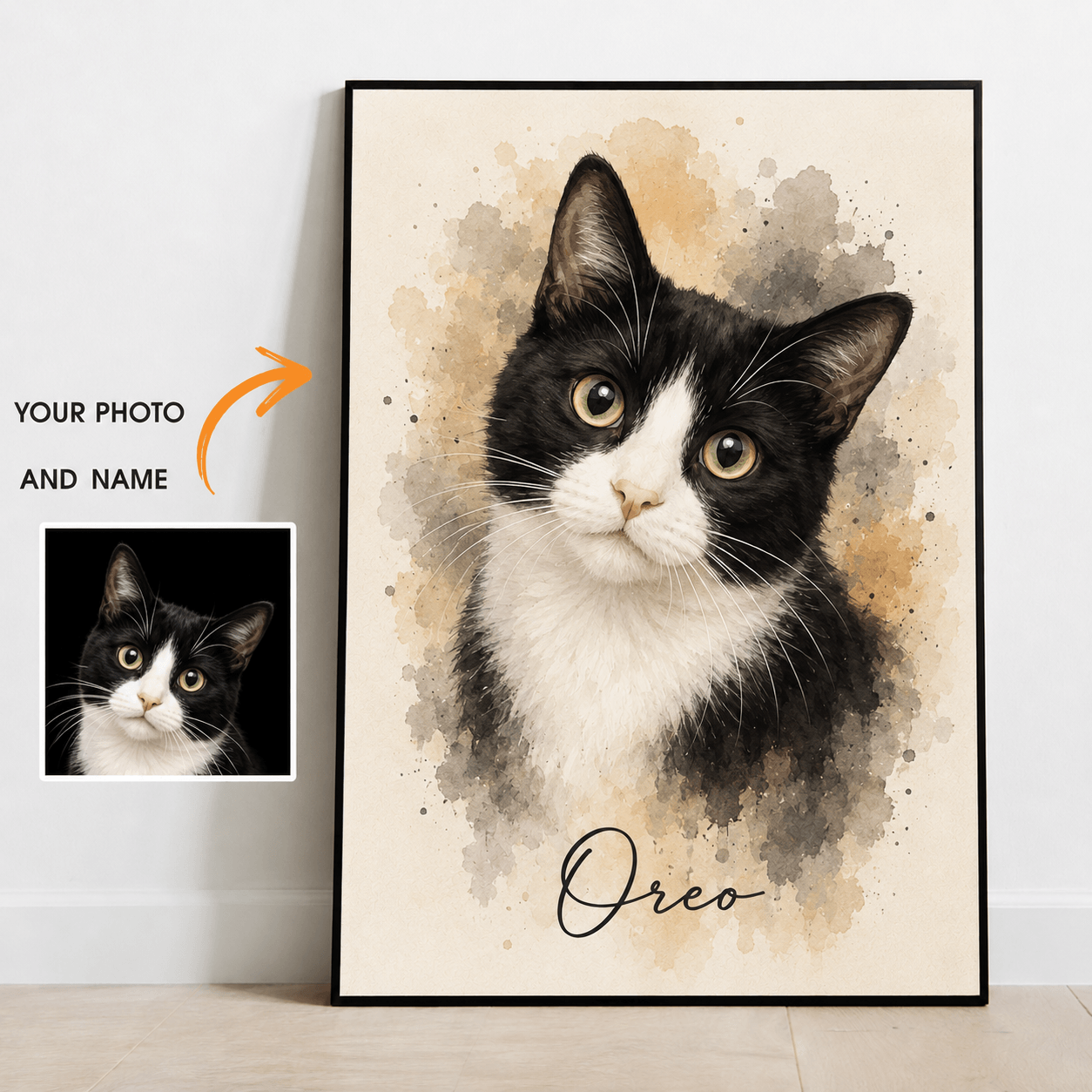 Custom Watercolor Pet Portrait from Photo – Personalized Dog Cat Canvas with Name, Pet Gift