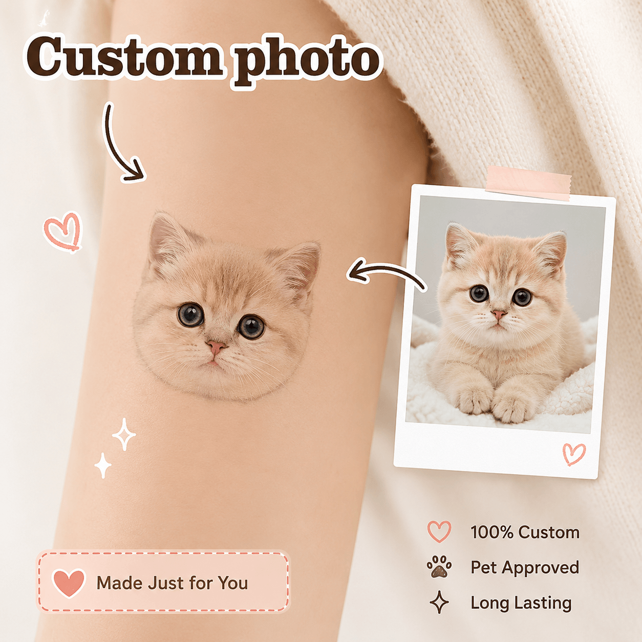 Custom Pet Temporary Tattoo from Photo – Personalized Dog Cat Portrait Tattoo Gift