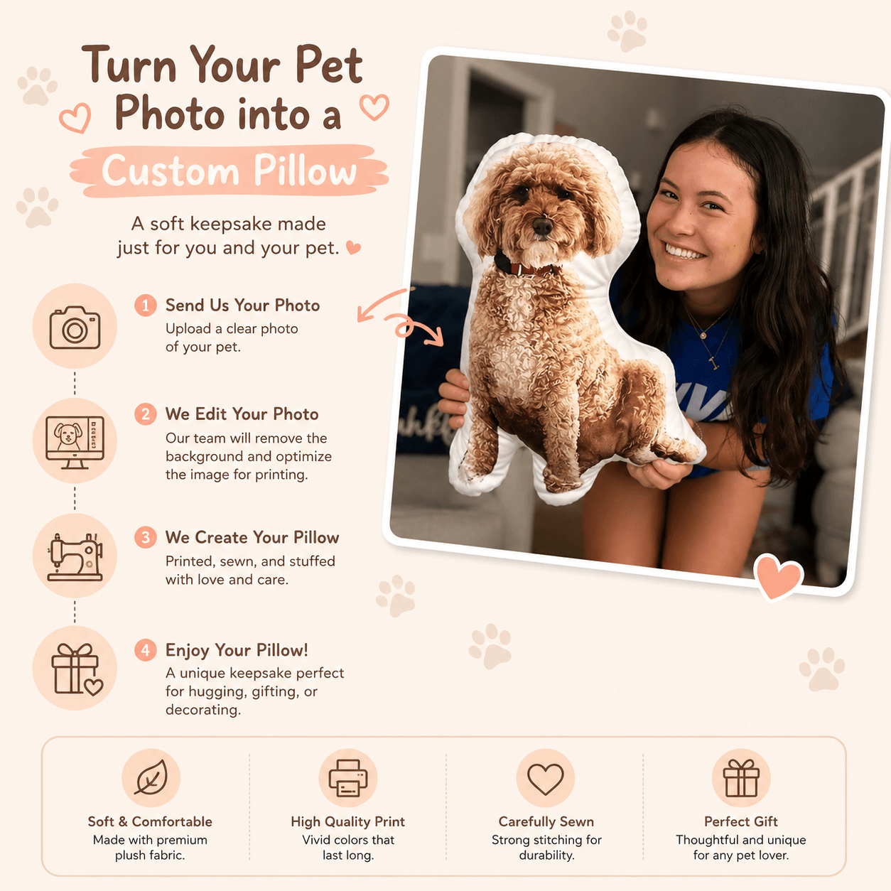 Custom Pet Pillow from Photo, Personalized 3D Dog Cat Pillow – Pet Memorial Gift & Dorm Decor - Printoni