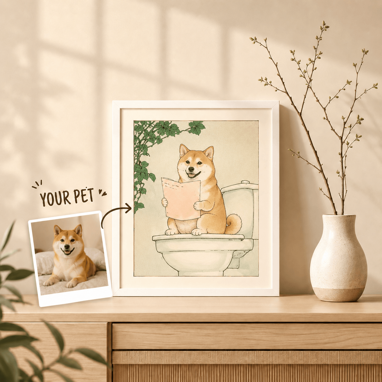 Custom Pet Bathroom Art from Photo – Personalized Funny Dog Cat Toilet Portrait, Bathroom Decor