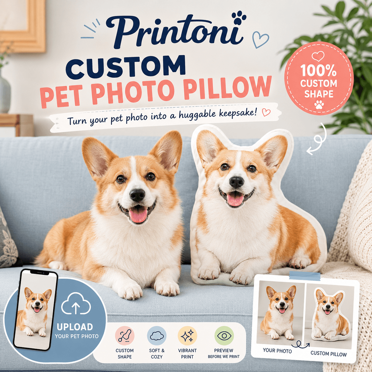 Custom Pet Photo Pillow – Turn Your Dog Cat Photo into a Huggable Keepsake Gift
