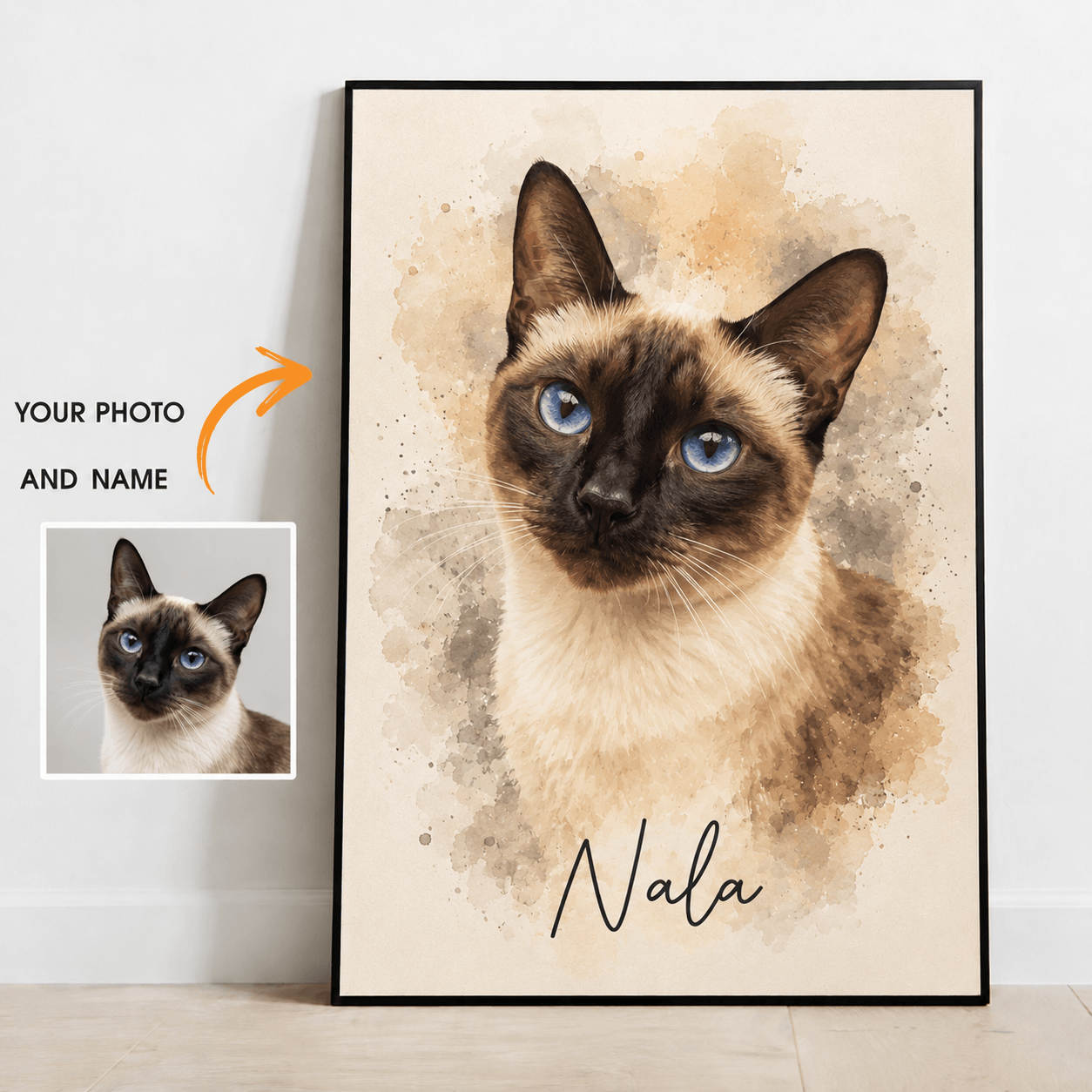 Custom Watercolor Pet Portrait from Photo – Personalized Dog Cat Canvas with Name, Pet Gift