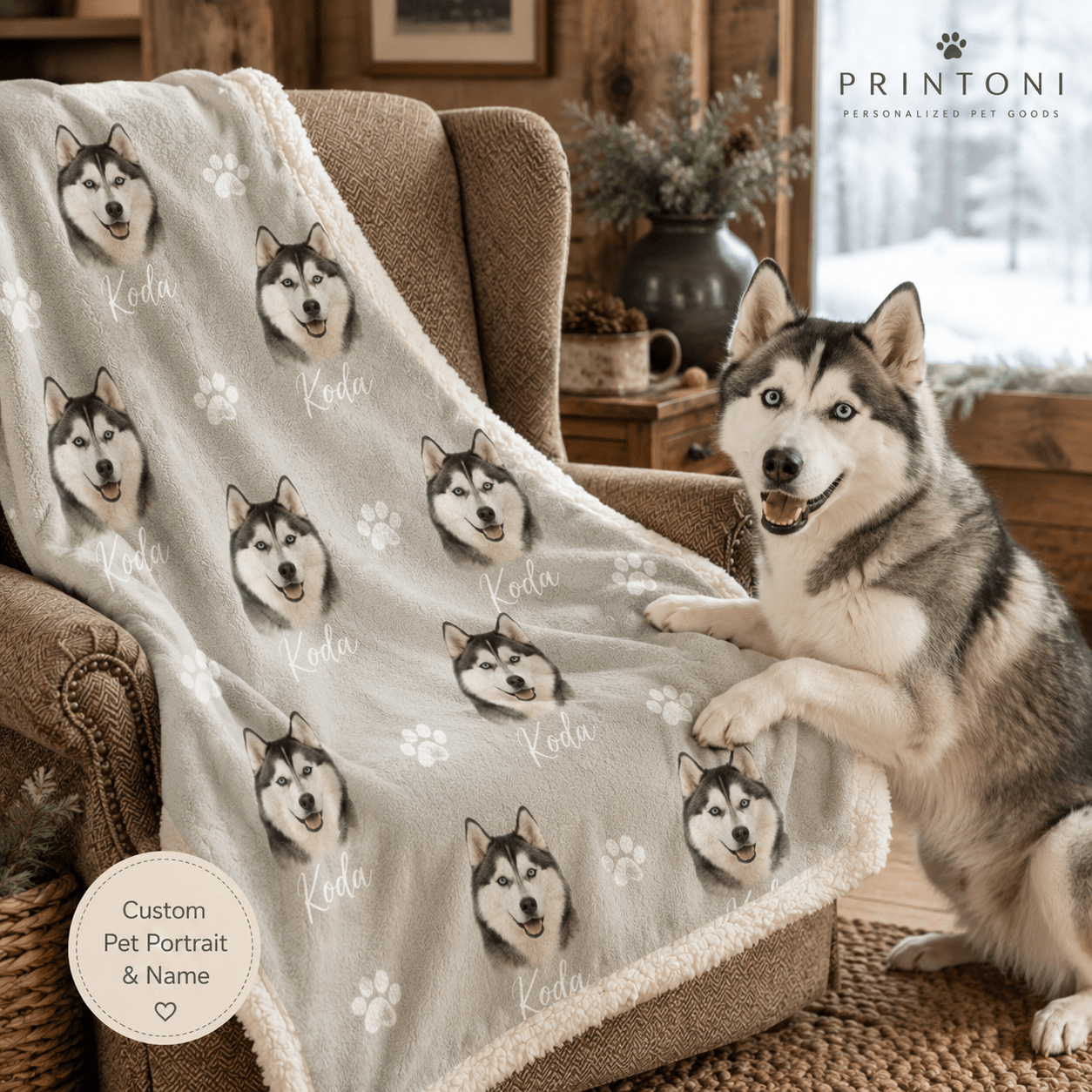 Custom Pet Photo Blanket from Photo, Personalized Dog Face & Name Throw Blanket, Dog Mom Gift, Pet Keepsake Christmas Gift