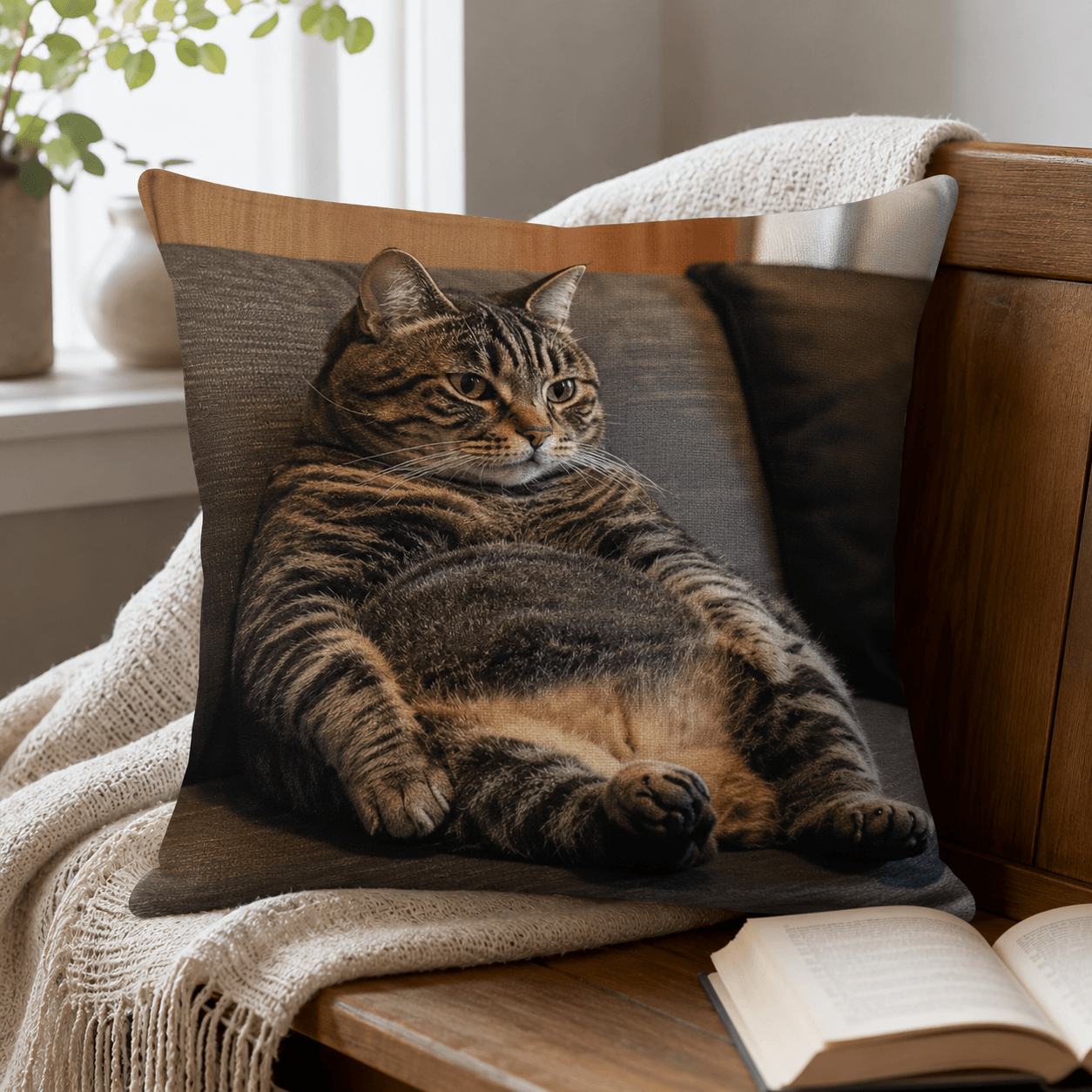 Funny Cat Pillow Cover – Lazy Chonky Cat Throw Cushion Case for Sofa, Cat Lover Gift Decor