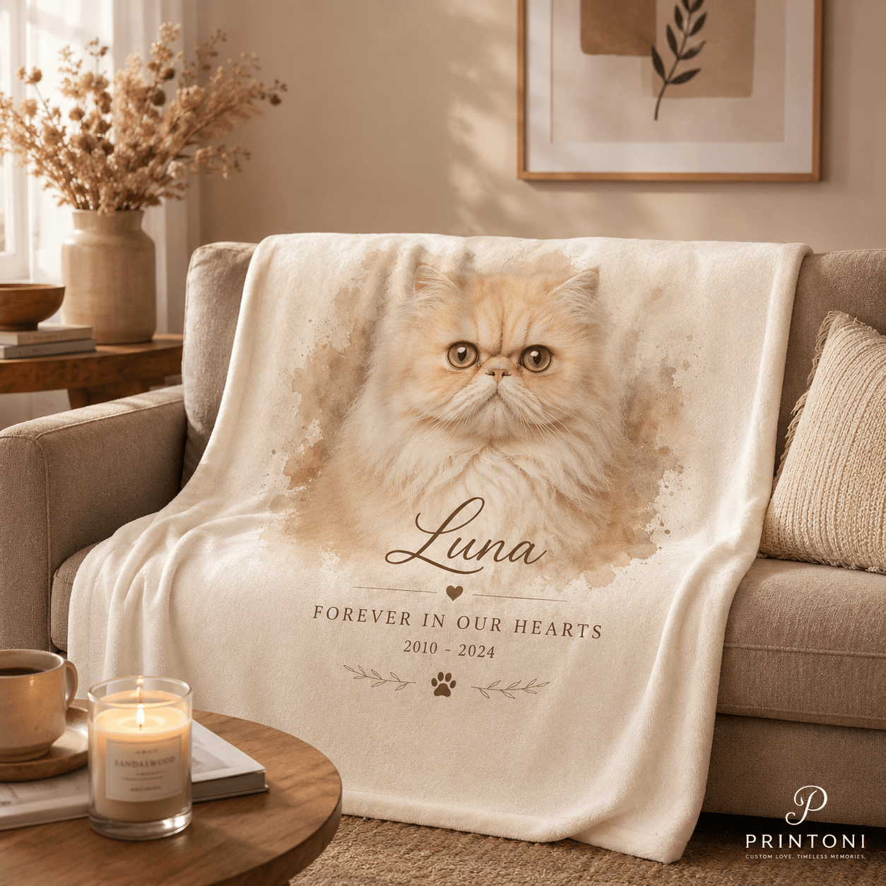 Custom Pet Memorial Blanket from Photo, Personalized Watercolor Dog Cat Portrait Throw, Pet Loss Sympathy Gift, In Memory Keepsake