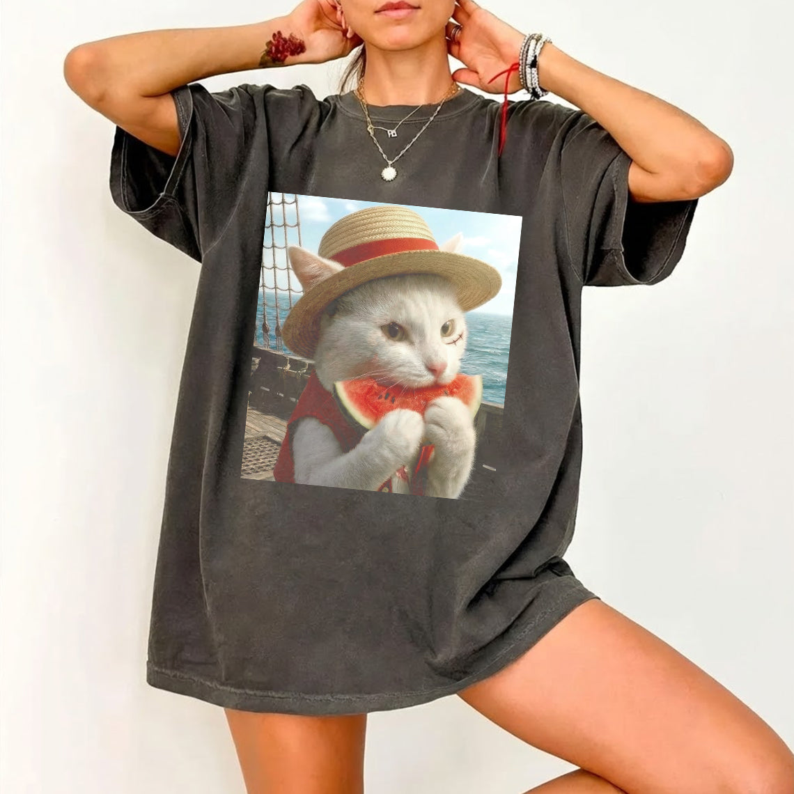 Funny Pirate Cat Graphic Tee – Summer Cat Eating Watermelon Vintage Oversized Washed Shirt