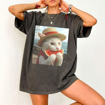 Funny Pirate Cat Graphic Tee – Summer Cat Eating Watermelon Vintage Oversized Washed Shirt