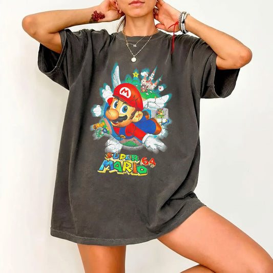Super Mario 64 Vintage Fan Graphic Tee | Nintendo N64 Gaming Gift Shirt | Dark Washed Retro Gamer Tee