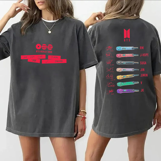 BTS World Tour Fan Tee | 7 Members Microphone Graphic Shirt | Dark Washed ARMY Merch Gift