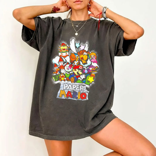 Paper Mario Vintage Fan Graphic Tee | Nintendo Gaming Gift Shirt | Dark Washed Retro Game Tee