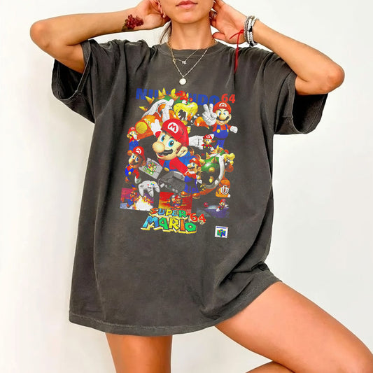 Super Mario 64 Mundo 64 Vintage Collage Tee | Nintendo N64 Fan Art Graphic Shirt | Dark Washed Retro Gaming Tee