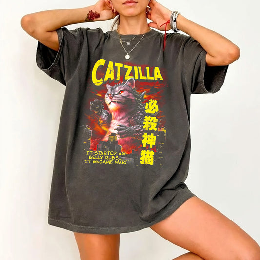 Catzilla Funny Cat Tee | Kaiju Monster Cat Graphic Shirt | Vintage Dark Washed Humor Cat Gift