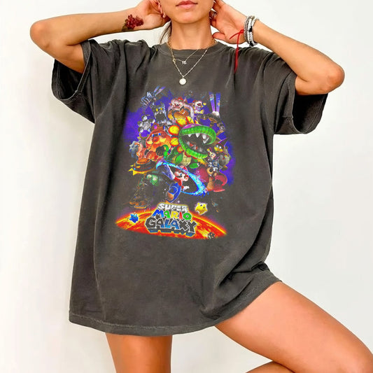 Super Mario Galaxy Vintage Graphic Tee | Nintendo Fan Art Shirt | Dark Washed Gaming Graphic Tee