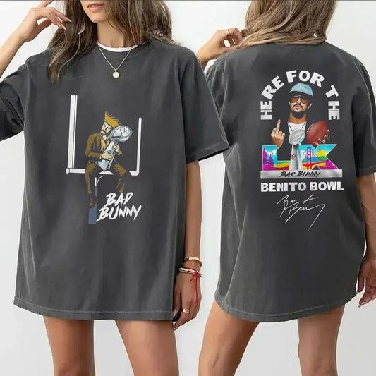 Here For The Benito Bowl Super Bowl LIX Fan Tee | Bad Bunny Halftime Show Shirt | Dark Washed Fan Merch