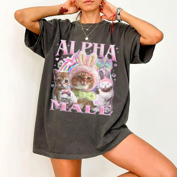 Alpha Male Funny Cat Bootleg Tee – Ironic 90s Vintage Rap Style Oversized Washed Shirt